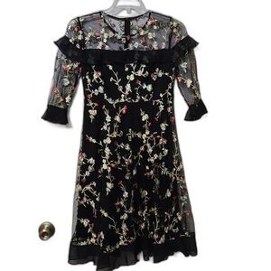 Floral Embroidered Black Sheer Dress Lined Size Large Women's Formal Goth Ruffle